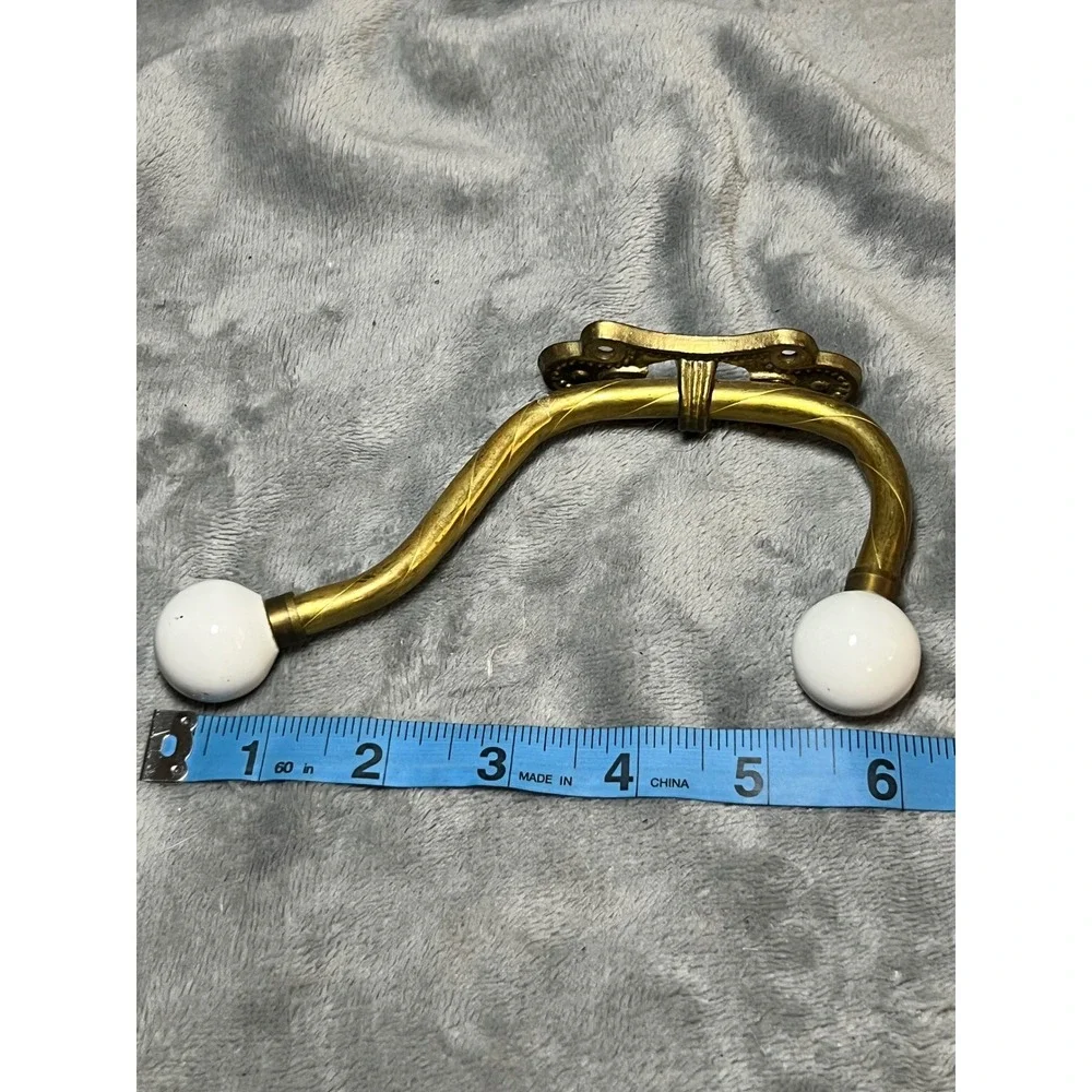 Vintage Brass Double Wall Hooks White Ceramic Knobs Taiwan Coat Hat Towel Pair